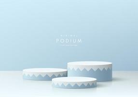 Realistic blue, white 3D cylinder pedestal podium set in serrated pattern style with pastel background. Abstract minimal scene mockup products, stage showcase, promotion display. Vector geometric form