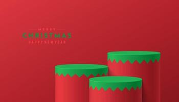 Realistic red, green 3D cylinder stand podium set in serrated pattern style. Merry christmas concept. Abstract minimal scene mockup products, stage showcase, promotion display. Vector geometric form