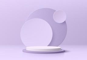 Realistic lavender purple, white 3D cylinder pedestal podium with round circles overlap layers background. Abstract minimal scene mockup products display. Round stage showcase. Vector geometric forms.