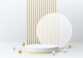 Realistic white 3D cylinder pedestal podium with golden lines pattern and circle scene background. Vector abstract geometric forms. Luxury minimal scene mockup products showcase, Promotion display.