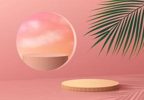 Realistic 3D orange, cylinder podium with pink round stand in circle window and palm leaf background. Vector abstract with geometric forms. Minimal wall scene for products display. Stage for showcase.