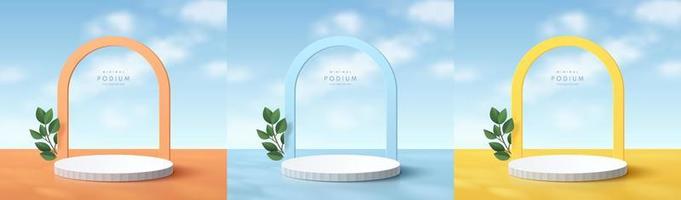 Set of realistic 3d cylinder podium on orange, blue, yellow floor background with green leaf and clouds sky. Abstract minimal scene mockup for products display, Stage showcase. Vector geometric forms.