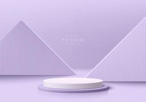 Realistic lavender purple and white 3D cylinder pedestal podium with geometric triangle shape background. Abstract minimal scene mockup products display. Round stage showcase. Vector geometric forms.