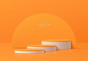 Realistic 3D orange, white steps cylinder pedestal podium set with semi circle scene background. Abstract minimal scene for mockup products display, Round stage for showcase. Vector geometric forms.