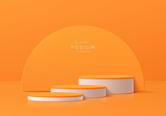Realistic 3D orange, white steps cylinder pedestal podium set with semi circle scene background. Abstract minimal scene for mockup products display, Round stage for showcase. Vector geometric forms.