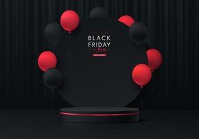 Realistic 3D black, red cylinder pedestal podium with round circle background and red balloon. Black friday sale concept, Vector abstract minimal scene for products stage showcase, Promotion display.