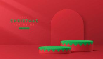 Realistic red, green 3D cylinder pedestal podium in serrated pattern style. Merry christmas concept. Abstract minimal scene mockup products, stage showcase, promotion display. Vector geometric forms.