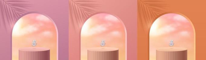 Realistic 3D orange, pink, purple cylinder stand podium with pink sunset sky in arch shape window background. Vector abstract with geometric forms. Minimal scene for products display. Stage showcase.