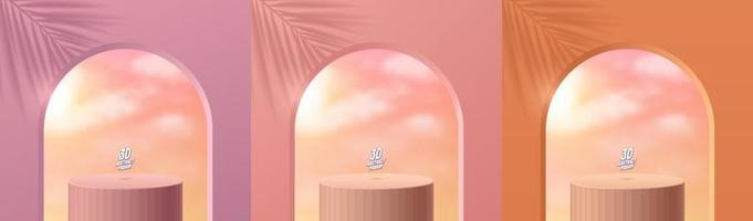 Realistic 3D orange, pink, purple cylinder stand podium with pink sunset sky in arch shape window background. Vector abstract with geometric forms. Minimal scene for products display. Stage showcase.