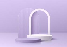 Realistic purple, white 3D cylinder pedestal podium with arch shape background. Minimal scene for mockup products, Round stage for showcase, promotion display. Vector geometric forms. Abstract room.