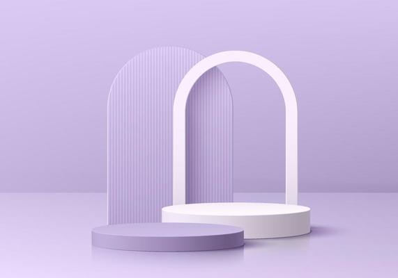 Realistic purple, white 3D cylinder pedestal podium with arch shape background. Minimal scene for mockup products, Round stage for showcase, promotion display. Vector geometric forms. Abstract room.