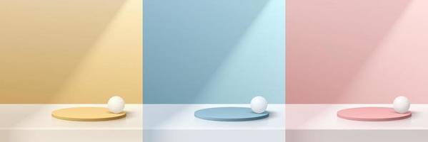 Set of realistic 3d cylinder pedestal podium in yellow, blue, pink background with window light and shadow. Abstract minimal scene mockup products display, Round stage showcase. Vector geometric form.