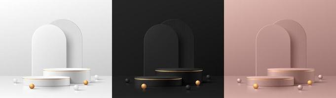 Set of 3D cylinder podium. Black, golden, silver and pink gold with luxury arch shape background. Abstract minimal wall scene for mockup products display. Round stage showcase. Vector geometric forms.