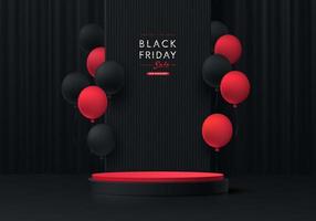 Realistic 3D black, red cylinder pedestal podium with black curtain background and red balloon. Black friday sale concept, Vector abstract minimal scene for products stage showcase, Promotion display.