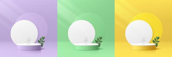 Set of realistic 3d background with cylinder podium. Yellow, green, purple, white circles scene and green leaf. Abstract minimal scene mockup products display, Stage showcase. Vector geometric forms.
