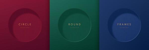 Set of vertical pattern texture in round 3D frame on dark blue, red, green luxury background. Abstract circle wall scene for mockup product display or copy space. Geometric background. Vector EPS10.