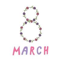8 march in pink and violet colors on white background. Doodle style. Vector image.