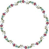 Round frame with pink aster and forget-me-not flowers and sakura branches on white background. Doodle style. Vector image.