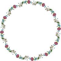 Round frame with pink aster and forget-me-not flowers and sakura branches on white background. Doodle style. Vector image.