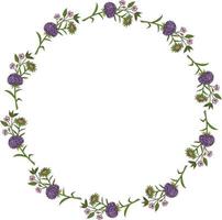 Round frame with pink and violet aster flowers and sakura branches on white background. Doodle style. Vector image.