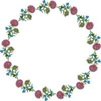 Round frame with pink and violet aster and flowers forget-me-not on white background. Doodle style. Vector image.