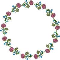 Round frame with pink and violet aster and flowers forget-me-not on white background. Doodle style. Vector image.