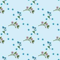 Seamless pattern with cozy sakura branches and flowers forget-me-not on light blue background. Vector image.