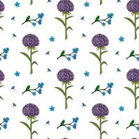 Seamless pattern with violet aster and forget-me-not flowers on white background. Vector image.