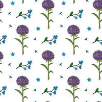 Seamless pattern with violet aster and forget-me-not flowers on white background. Vector image.