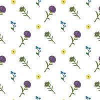 Seamless pattern with violet aster, buttercups and forget-me-not flowers on white background. Vector image.