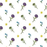 Seamless pattern with violet aster, buttercups and forget-me-not flowers on white background. Vector image.