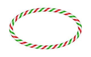 Christmas candy cane oval frame with red and green striped. Xmas border with striped candy lollipop pattern. Blank christmas and new year template. Vector illustration isolated on white background