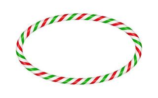 Christmas candy cane oval frame with red and green striped. Xmas border with striped candy lollipop pattern. Blank christmas and new year template. Vector illustration isolated on white background