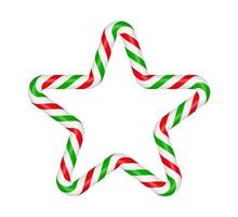 Christmas candy cane star frame with red and green striped. Xmas border with striped candy lollipop pattern. Blank christmas and new year template. Vector illustration isolated on white background