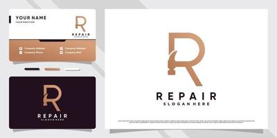 Initial letter r logo for business icon with hammer element and business card template vector