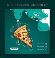 plantilla de publicación en redes sociales en fondo verde con pizza en diseño de dibujos animados para el día mundial de la alimentación vector