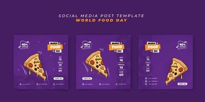 conjunto de plantillas de publicaciones en redes sociales con fondo morado para el diseño del día mundial de la alimentación vector