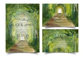 invitación de boda con vista al bosque fondo de acuarela vector