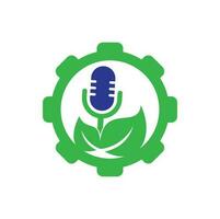 Leaf podcast gear shape concept logo design template. Podcast talk show logo with mic and leaves vector