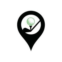 plantilla de vector de diseño de logotipo de concepto de forma de pin de mapa de golf de palo. diseños de logotipos de golf. plantilla de diseño de logotipo de silueta de deporte de golf