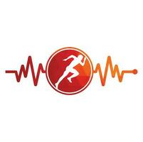 vector de icono de diseño de logotipo de maratón de pulso. diseño del logotipo de cuidado de la salud corporal. hombre corriendo con el icono del latido del corazón del ecg de línea.