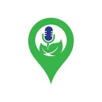 Leaf podcast map pin shape concept logo design template. Podcast talk show logo with mic and leaves. vector