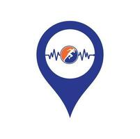 Pulse marathon map pin shape concept logo design icon vector. Running man with line ecg heartbeat icon. vector