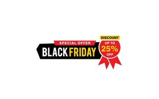 Oferta de viernes negro de 25 por ciento de descuento, liquidación, diseño de banner de promoción con estilo de etiqueta. vector