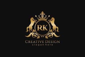 initial RK Retro golden crest with circle and two horses, badge template with scrolls and royal crown - perfect for luxurious branding projects vector
