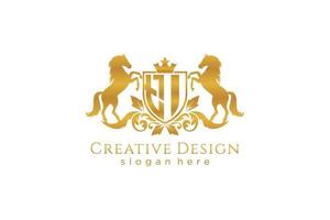 initial TI Retro golden crest with shield and two horses, badge template with scrolls and royal crown - perfect for luxurious branding projects vector