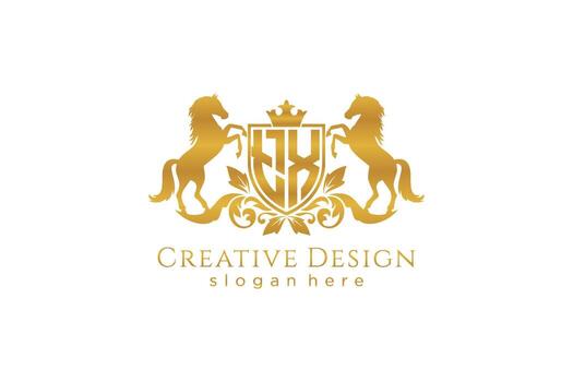 initial TX Retro golden crest with shield and two horses, badge template with scrolls and royal crown - perfect for luxurious branding projects vector