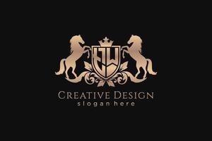 initial TW Retro golden crest with shield and two horses, badge template with scrolls and royal crown - perfect for luxurious branding projects vector