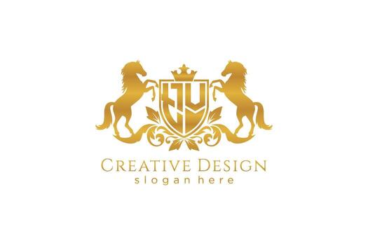 initial TV Retro golden crest with shield and two horses, badge template with scrolls and royal crown - perfect for luxurious branding projects vector