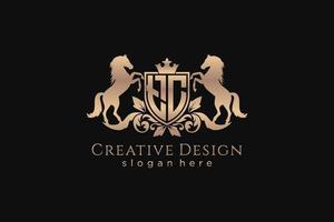 initial TC Retro golden crest with shield and two horses, badge template with scrolls and royal crown - perfect for luxurious branding projects vector